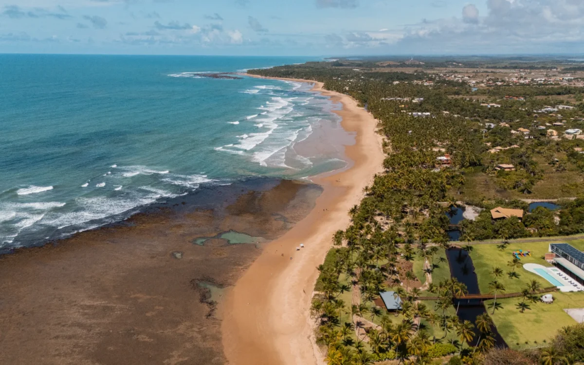 Vista aérea de uma praia com areia dourada, ondas, vegetação tropical, casarões e piscina à beira-mar sob céu azul