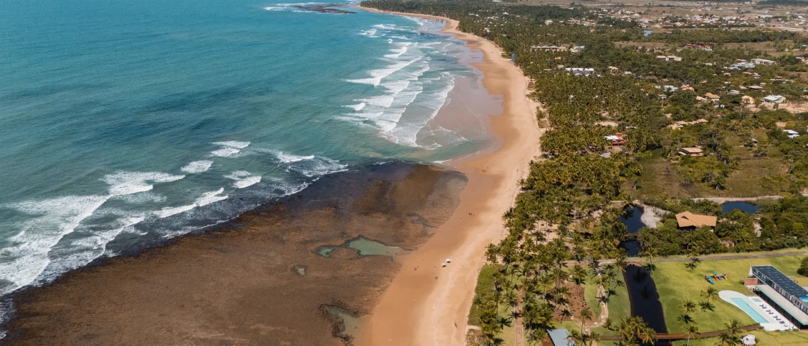 Vista aérea de uma praia com areia dourada, ondas, vegetação tropical densa e casarões espalhados pela região costeira