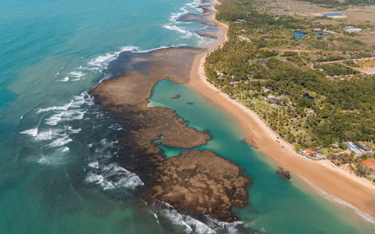 Vista aérea de praia com água turquesa, rochas escuras, areia dourada e vegetação verde densa na costa