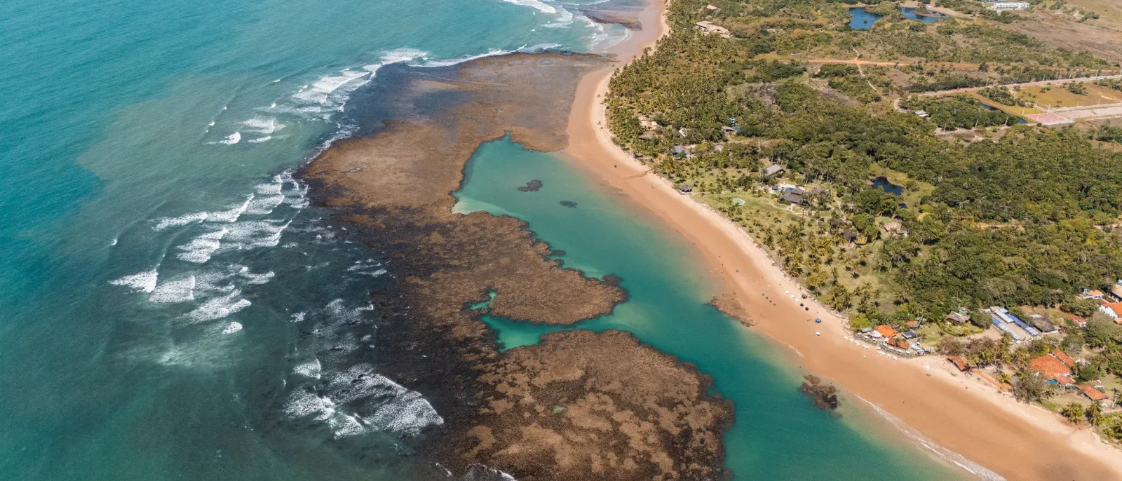 Vista aérea de praia com água turquesa, rochas escuras, areia dourada e vegetação verde densa na costa