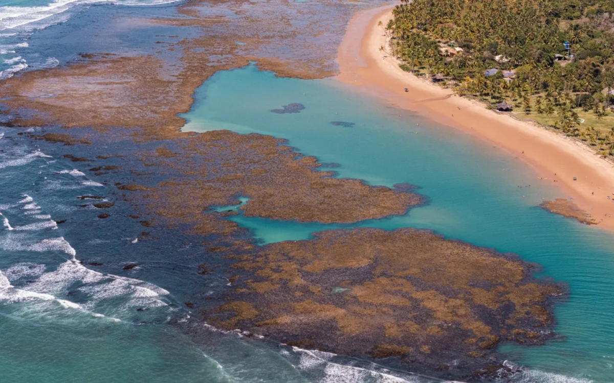 Vista aérea de praia com areia dourada, água turquesa, rochas marrom-avermelhadas e vegetação densa à direita, com ondas quebrando na costa
